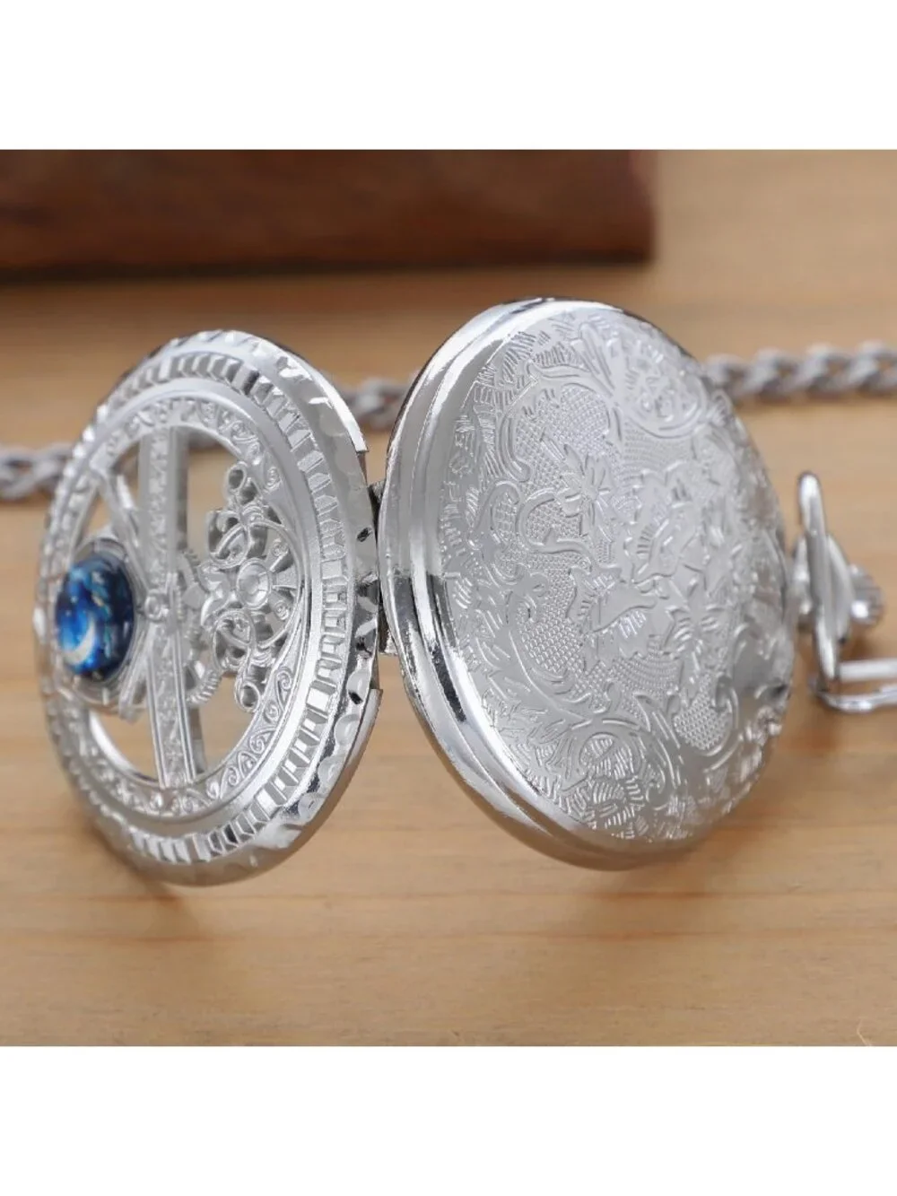 Men's Silver Analog Quartz Arabic Numeral Moon Phase Chain Dial Pocket Watch